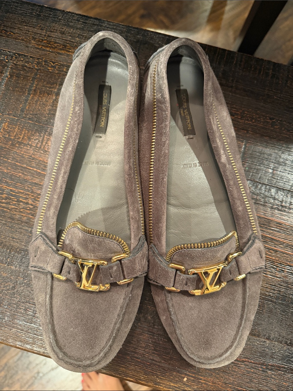Louis Vuitton Taupe Suede LV Logo Loafers with Gold Hardware